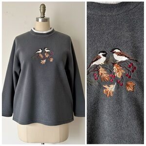 Croft & Barrow Embroidered Fleece Pullover Gray Fall Winter Birds Soft Size XL